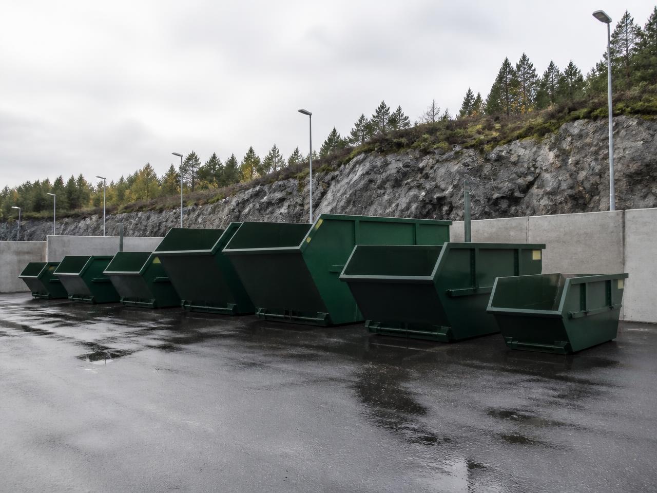 Rohelised prügikonteinerid erinevates mahtudes jäätmekäitluse platsil
