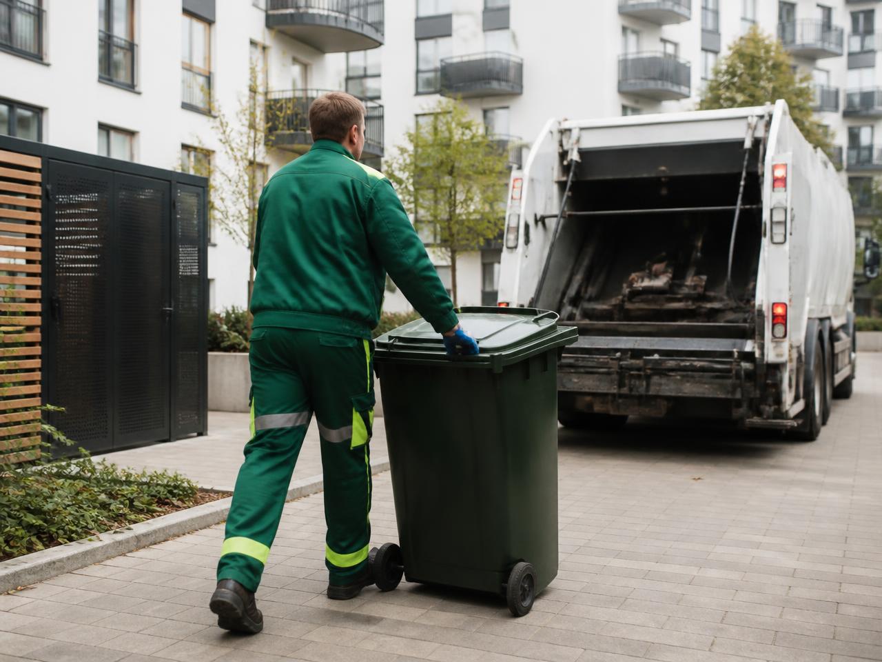 Prügiveotöötaja lükkab konteinerit veoauto juurde